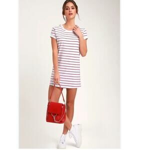 NWT Lulus Cafe Society White Red Lined Striped Shirt Dress Fisherman SM